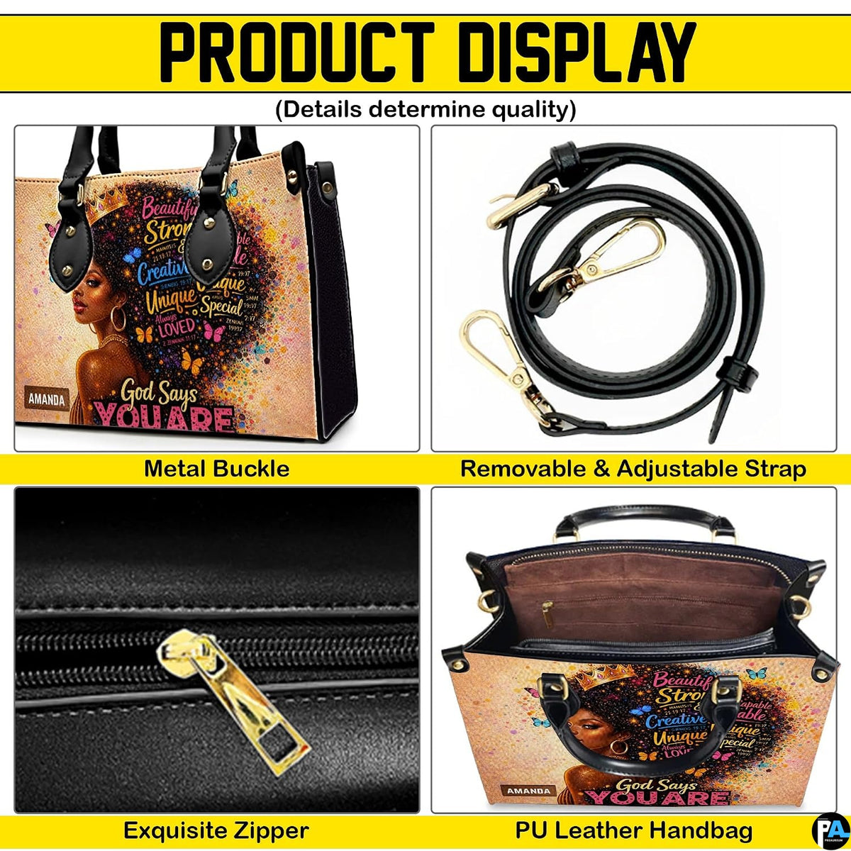 Close-up feature panel for crowned portrait handbag