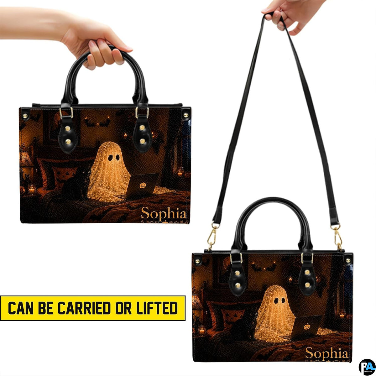 Demonstration illustrating hand-held carrying perspective of glowing ghost art accessory.