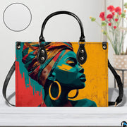 Handbag displayed on table with circular texture swatch inset