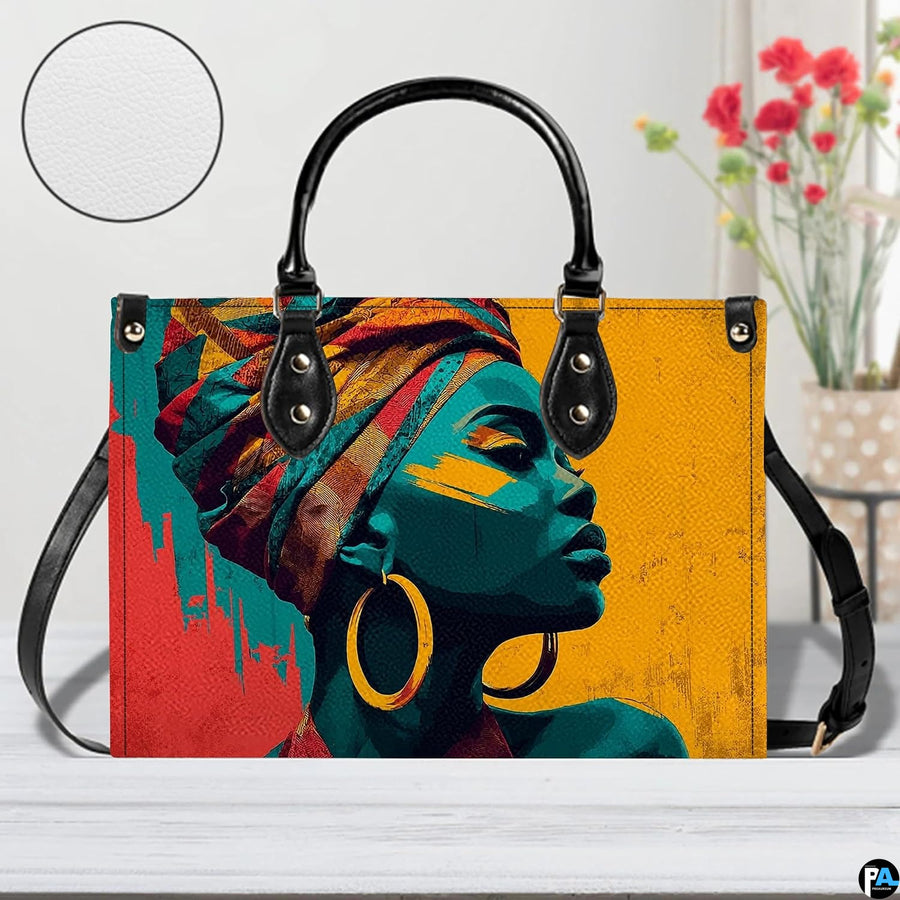 Handbag displayed on table with circular texture swatch inset