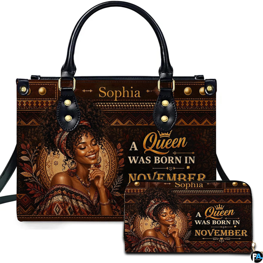 Regal African woman handbag and matching wallet with geometric art