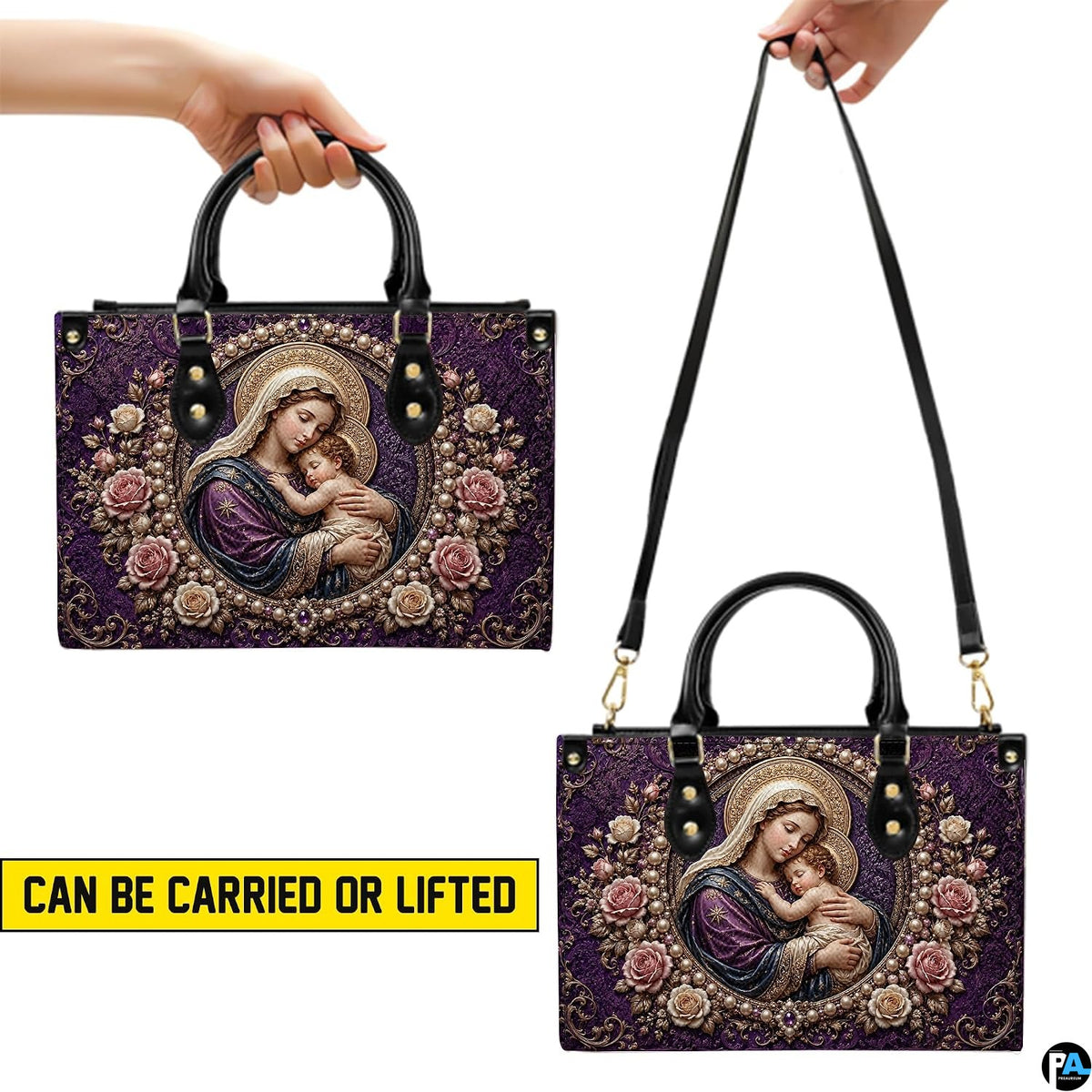 Demonstration of top handle and shoulder carrying modes for the purple devotional handbag