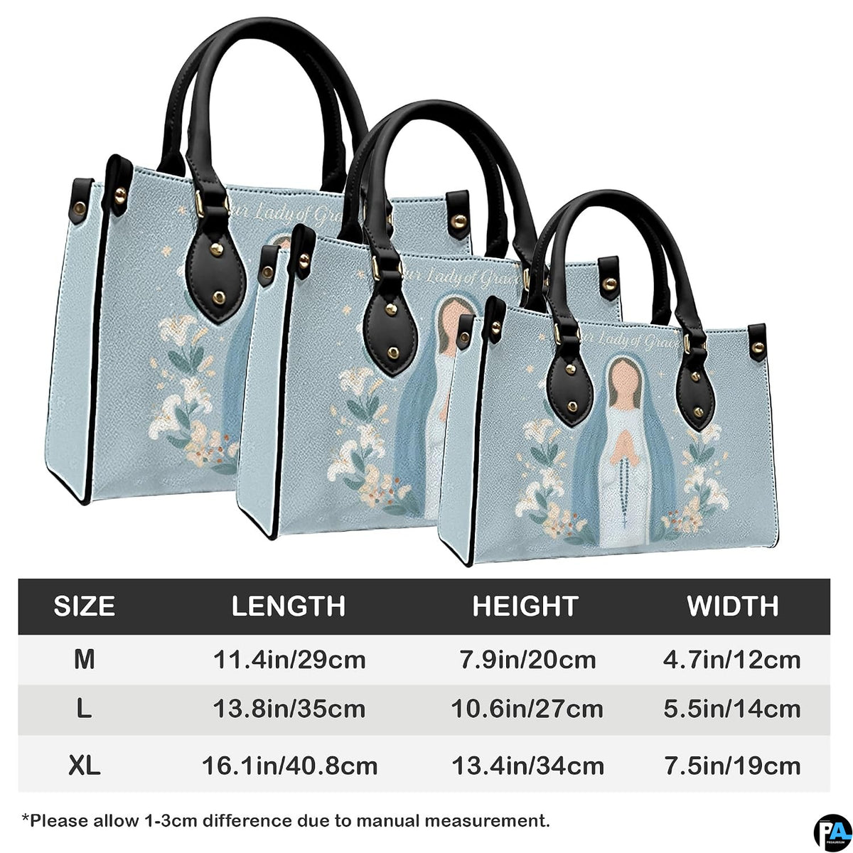 Size comparison chart showing three dimensions for the minimalist Marian handbag