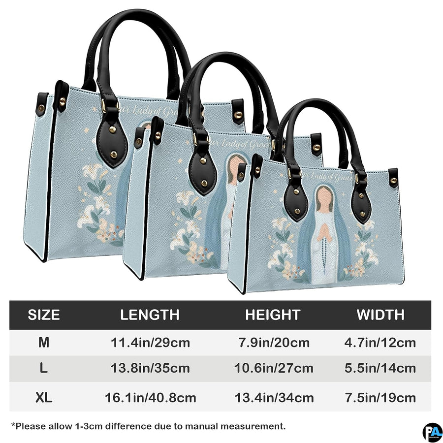 Size comparison chart showing three dimensions for the minimalist Marian handbag