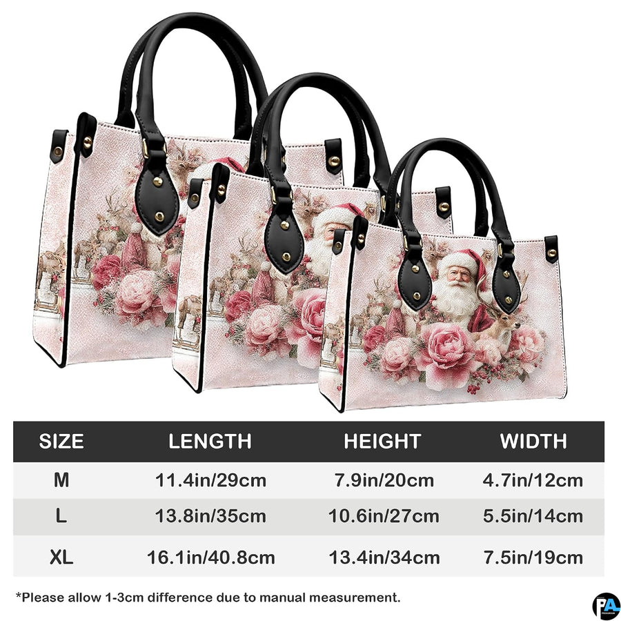 Back view displaying repeating vintage Santa Claus and blush rose botanical illustrations.