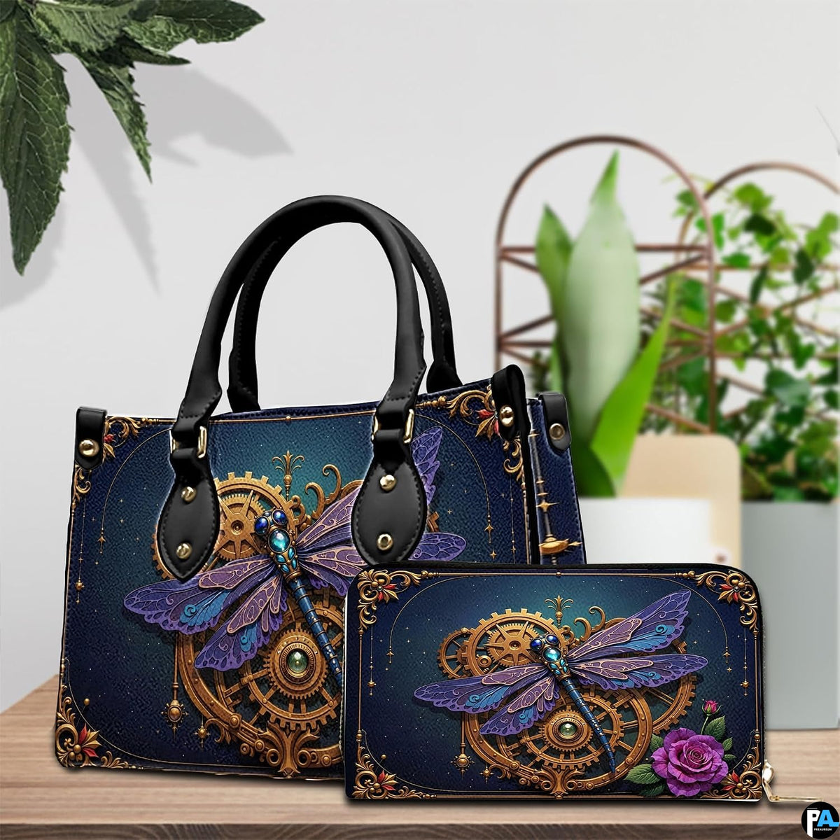 Close-up detail of purple dragonfly wings, turquoise jewels, and bronze clockwork gears
