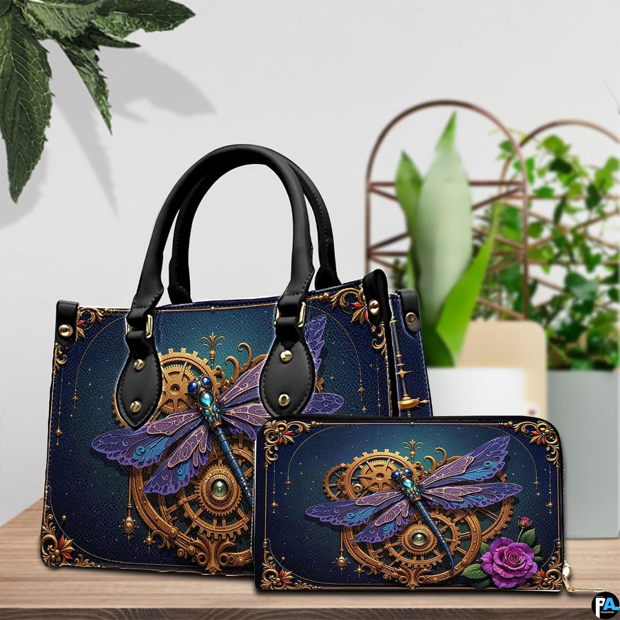 Close-up detail of purple dragonfly wings, turquoise jewels, and bronze clockwork gears