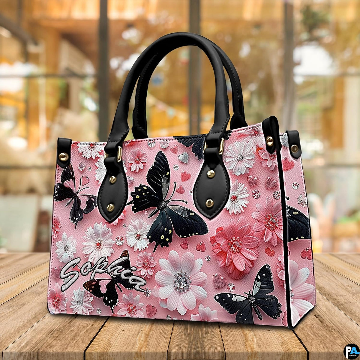 Three-quarter perspective angle view of butterfly handbag set