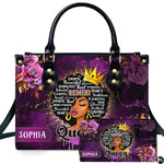 Front view of twin star afro queen handbag and matching wallet set with crowned portrait and roses