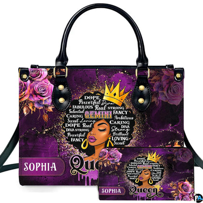 Front view of twin star afro queen handbag and matching wallet set with crowned portrait and roses