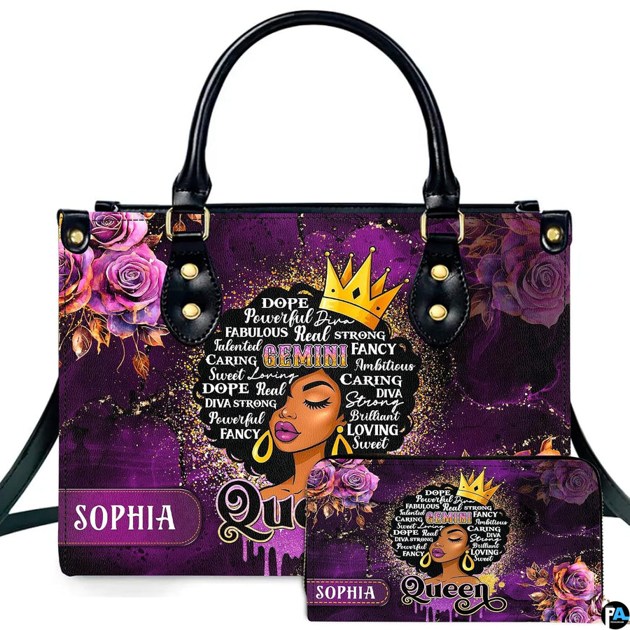 Front view of twin star afro queen handbag and matching wallet set with crowned portrait and roses