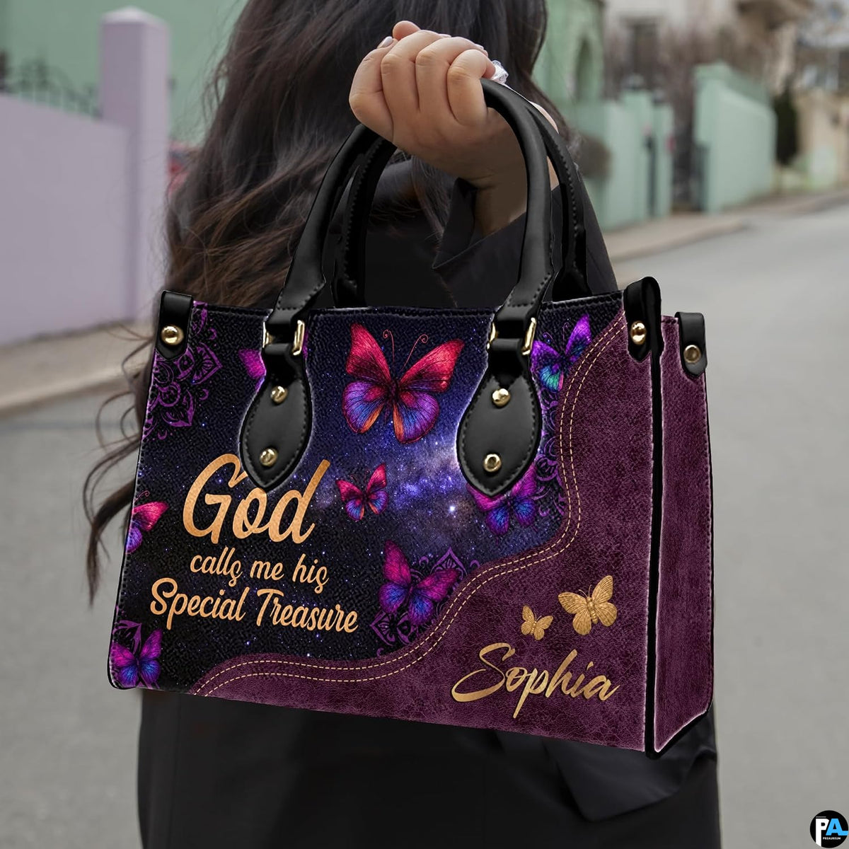 Detailed view of vibrant magenta and violet winged butterflies against stardust background on handbag.