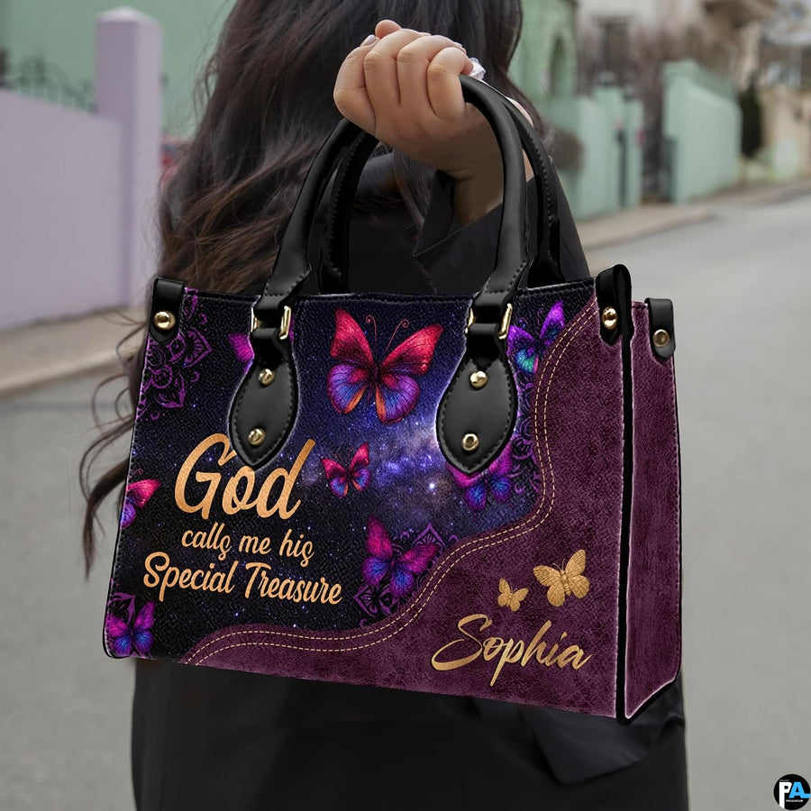 Detailed view of vibrant magenta and violet winged butterflies against stardust background on handbag.