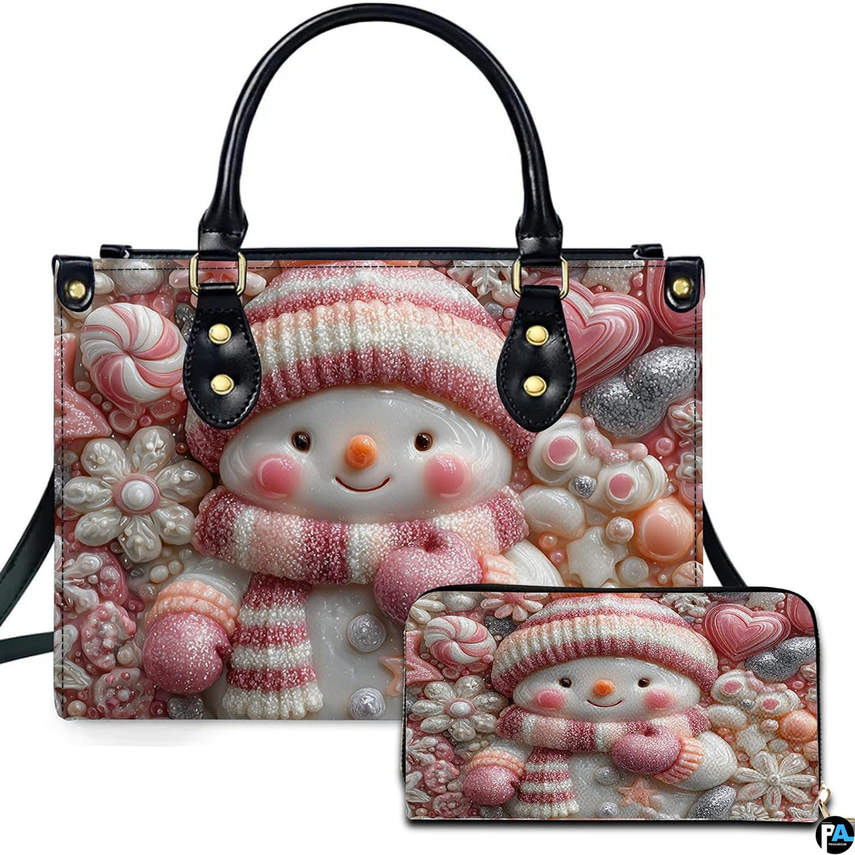 Dual angle view featuring the pink candy snowman artwork with pastel confections alongside matching accessory
