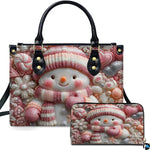 Dual angle view featuring the pink candy snowman artwork with pastel confections alongside matching accessory