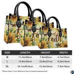 Angled perspective view of sunflower handbag displaying botanical watercolor artwork.