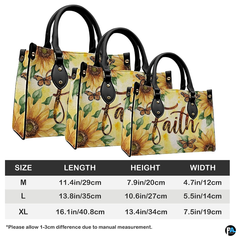 Angled perspective view of sunflower handbag displaying botanical watercolor artwork.