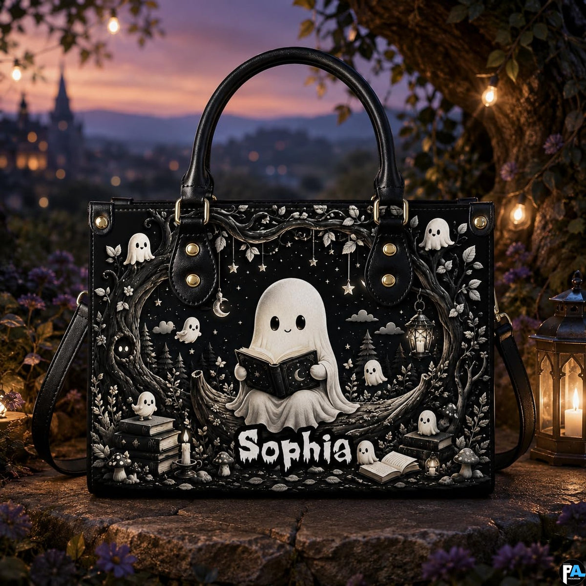 Twilight garden perspective of ghost satchel placed on rustic stone masonry with glowing lantern.