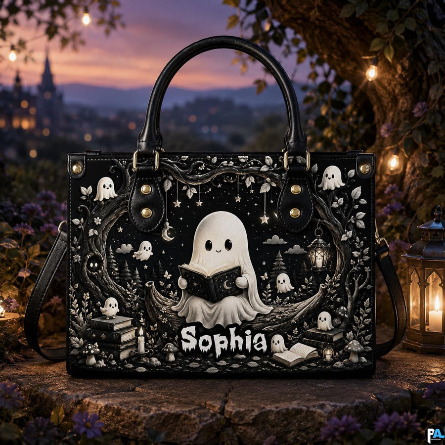 Twilight garden perspective of ghost satchel placed on rustic stone masonry with glowing lantern.