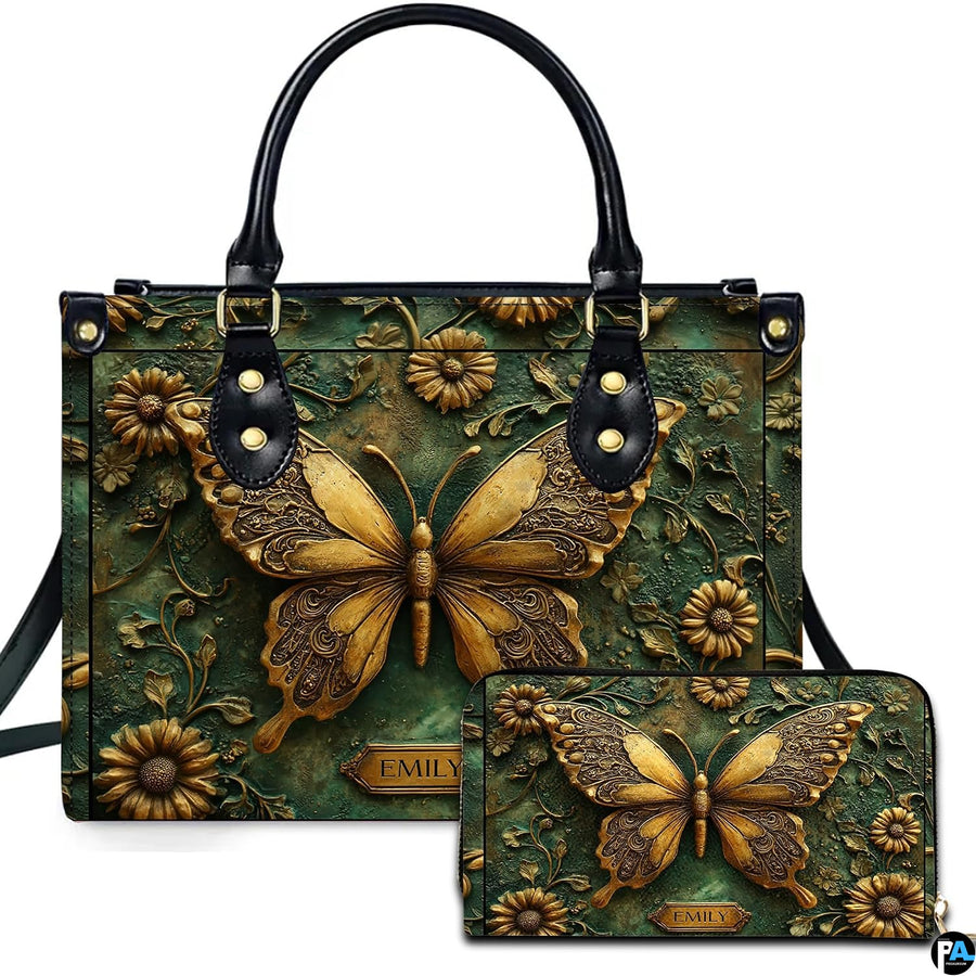 Personalized Butterfly Leather Handbag – Gothic Moon Bag with Adjustable Strap and Matching Witchcore Purse for Women