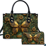 Gold Butterfly Handbag with Vintage Green Floral Art