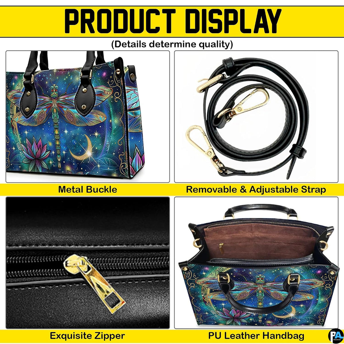 Interior view of celestial dragonfly handbag showing open storage compartment with fabric lining