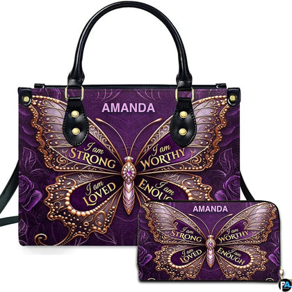 Purple butterfly purse and matching wallet with ornate lavender wings and rose artwork