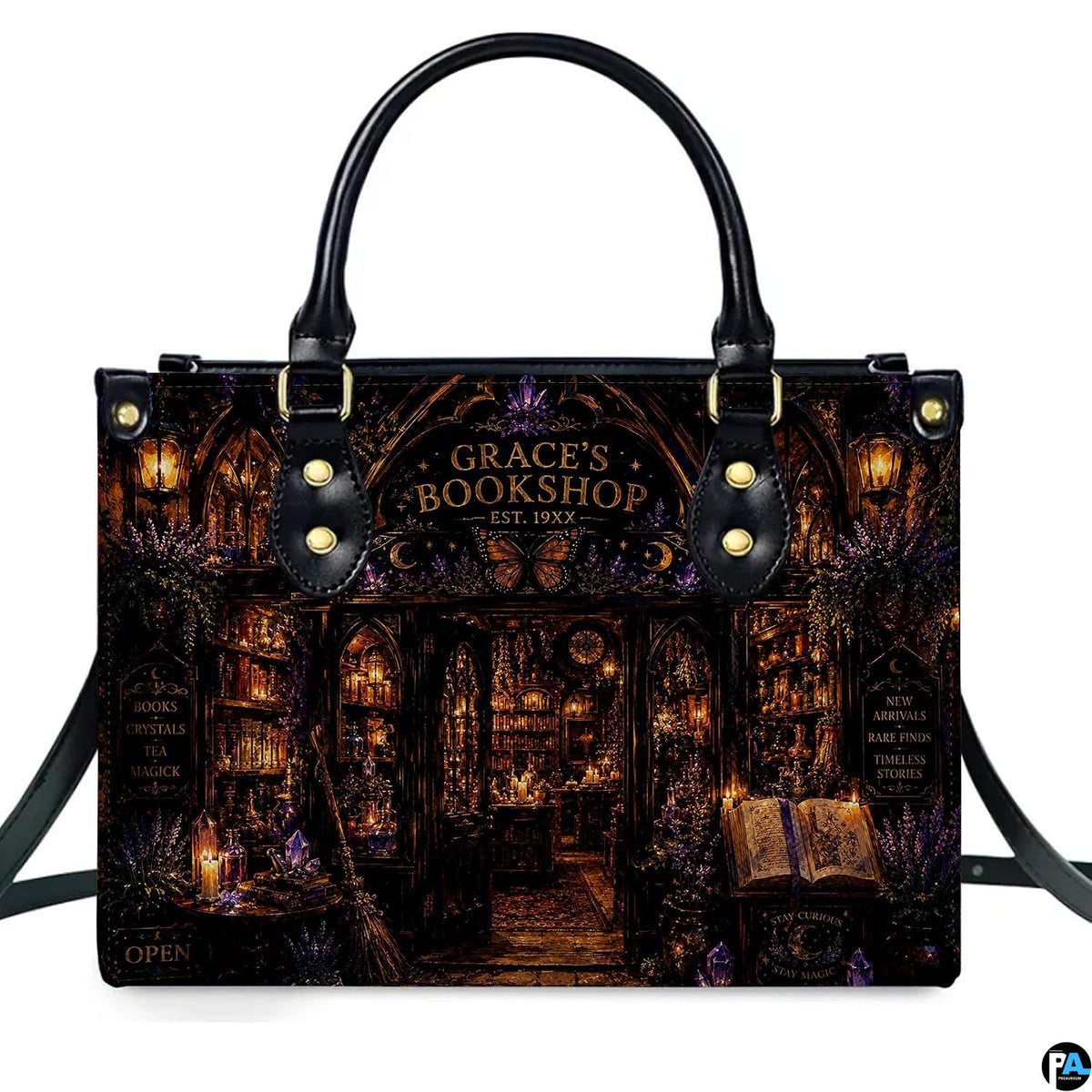Matching zippered wallet displaying coordinated mystical emporium and illuminated shopfront artwork.