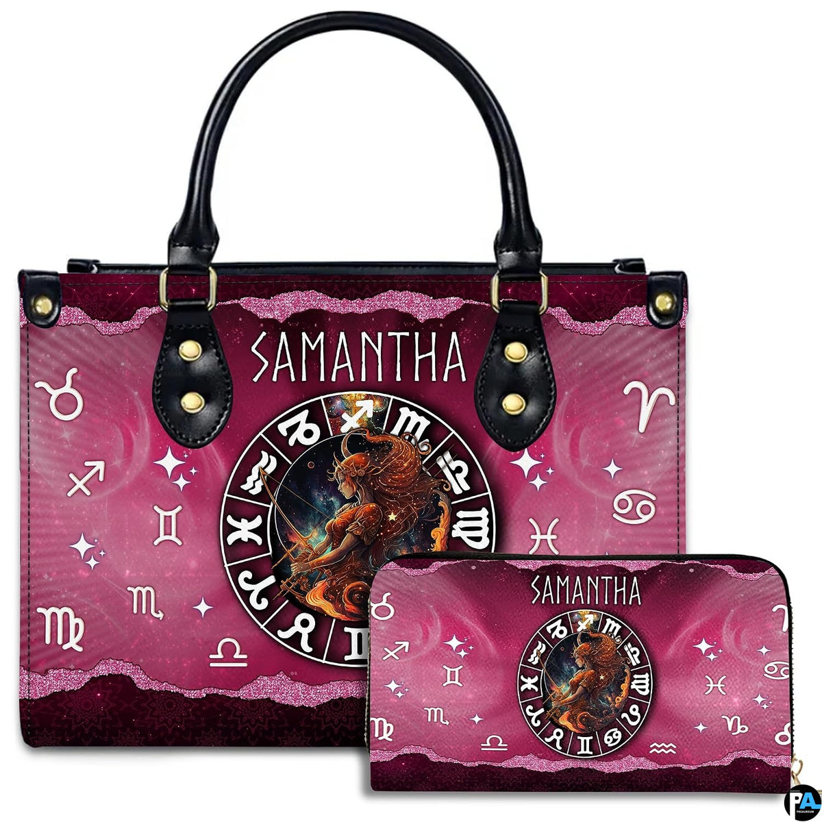 Celestial Archer Satchel Handbag displayed alongside matching companion continental wallet.