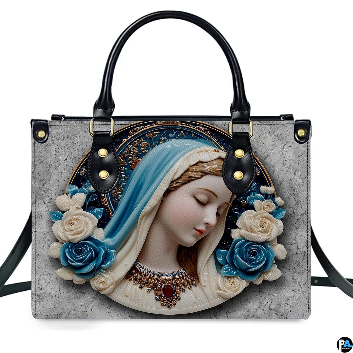 Front view of Virgin Mary cerulean veil cameo bas-relief handbag on white background