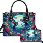 Handbag and matching wallet set featuring twin fairy hummingbirds, full moon, and nocturnal floral garden.
