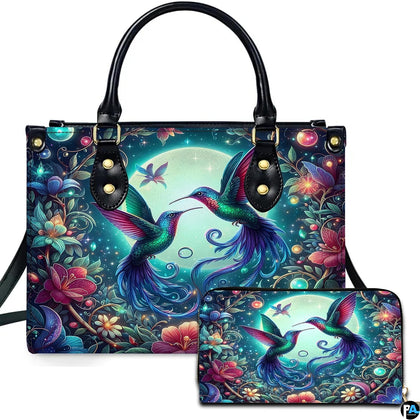 Handbag and matching wallet set featuring twin fairy hummingbirds, full moon, and nocturnal floral garden.