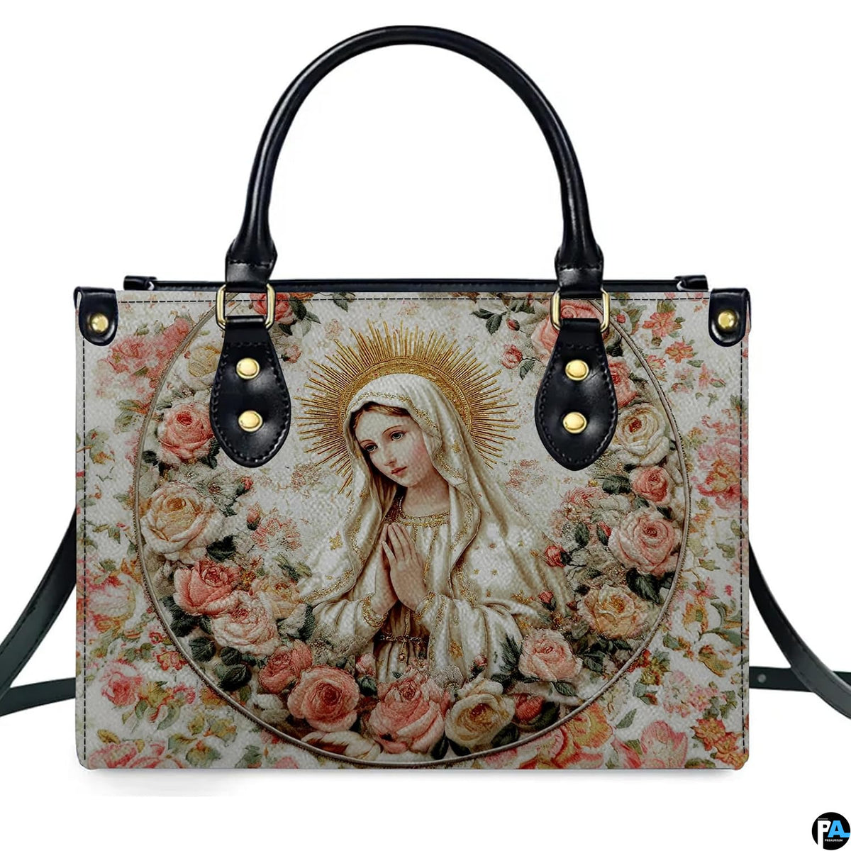 Isolated front view of Marian devotional handbag with embroidered rose garland