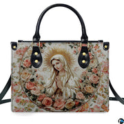 Isolated front view of Marian devotional handbag with embroidered rose garland