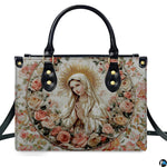Isolated front view of Marian devotional handbag with embroidered rose garland