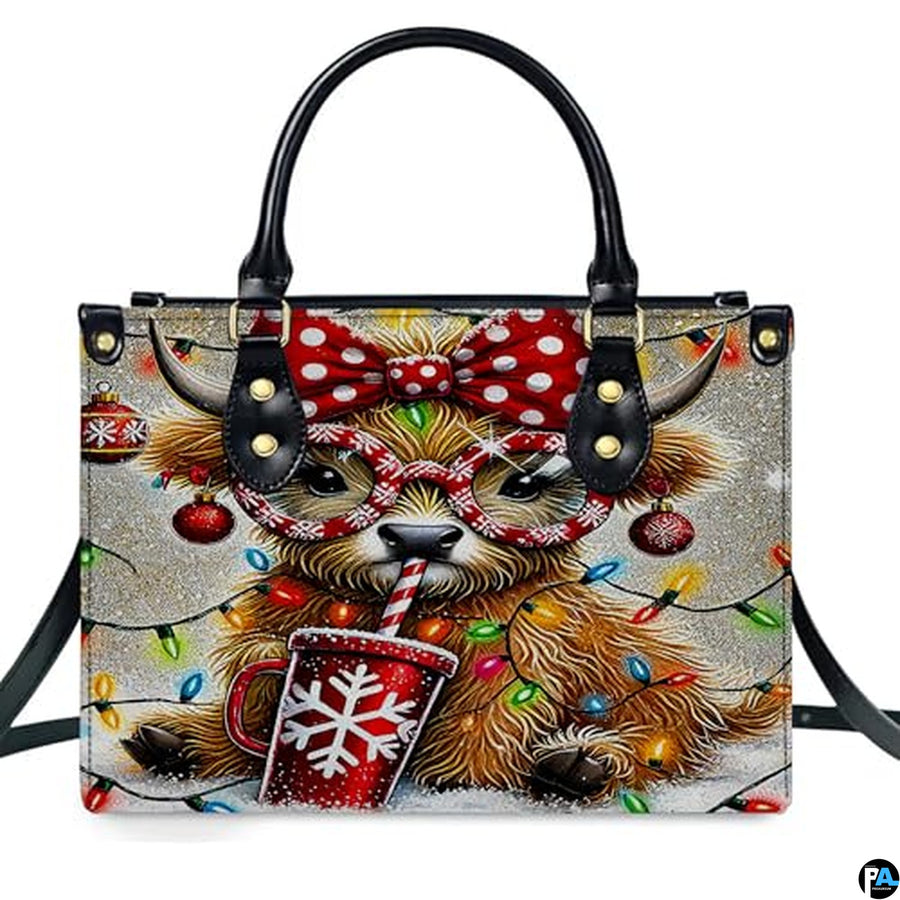 Custom Festive Highland Cow Handbag for Christmas Gift