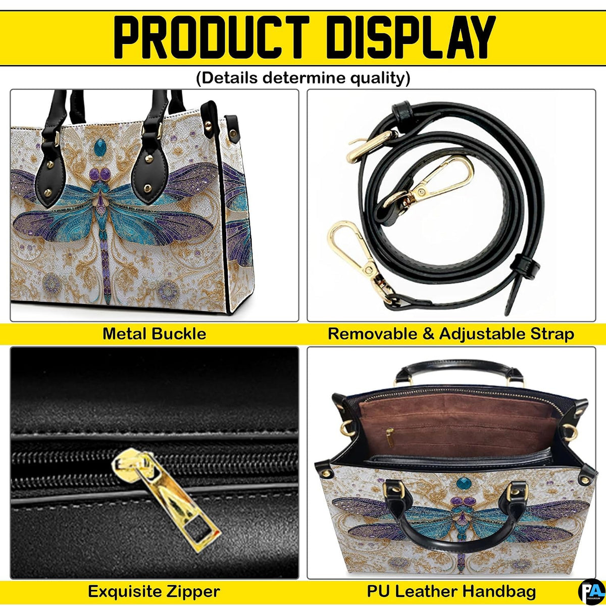 Top-down view displaying interior compartment and black carrying handles of the handbag.