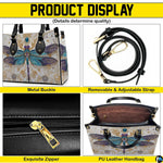 Top-down view displaying interior compartment and black carrying handles of the handbag.