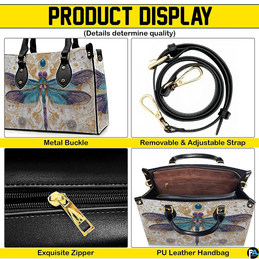 Top-down view displaying interior compartment and black carrying handles of the handbag.