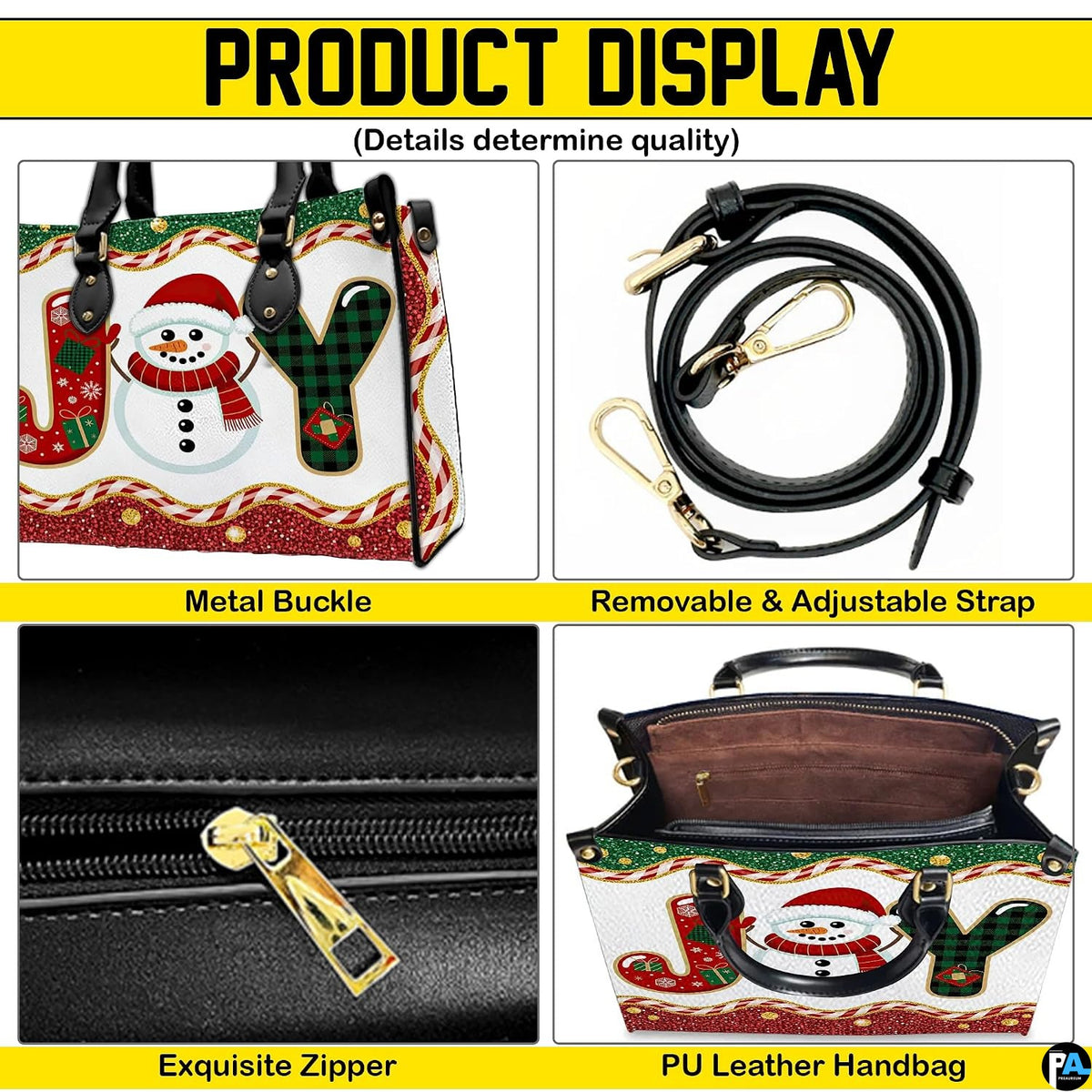 Four-panel layout demonstrating gold hardware accents, detachable strap, zipper detail, and interior space.