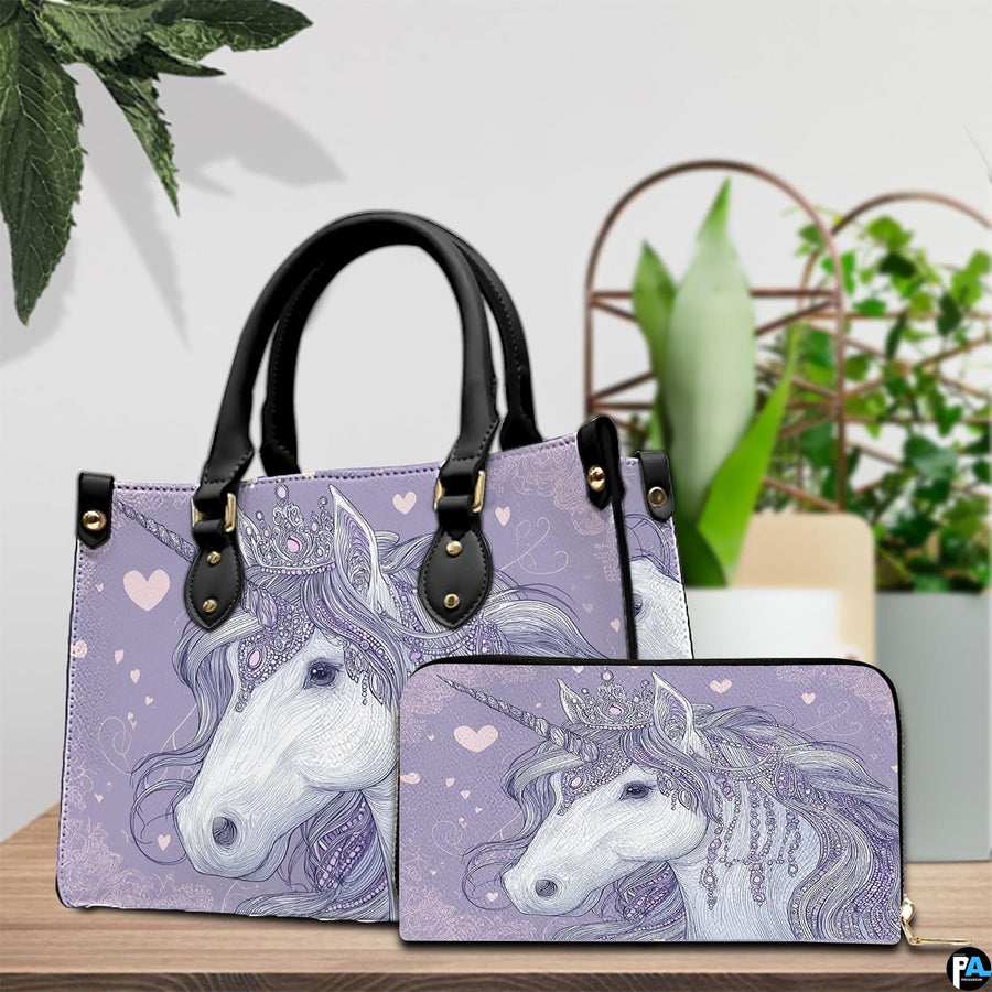 Top down view of unicorn handbag showing zipper closure and interior opening.