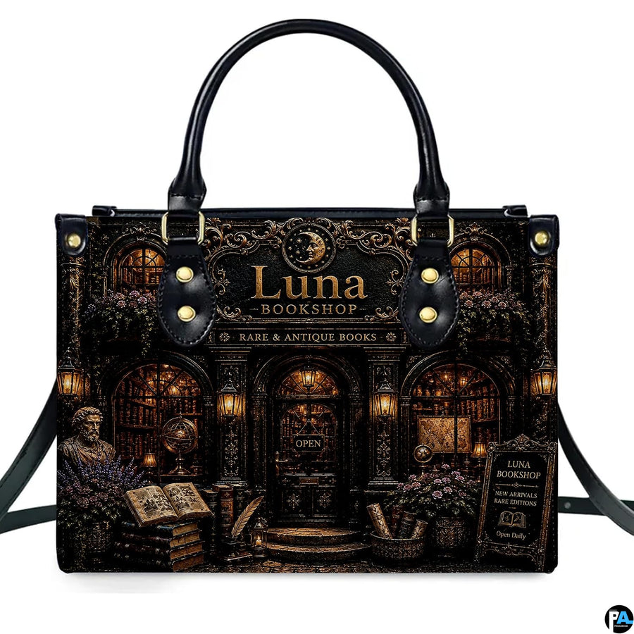 Centered standalone front view highlighting the dark academia library art illustration on the primary accessory.