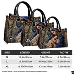 Three sizing variations of religious art accessory displayed beside dimension reference table.