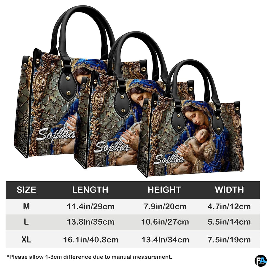 Three sizing variations of religious art accessory displayed beside dimension reference table.
