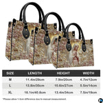 Three-quarter display of relief carved praying madonna handbag alongside matching zip wallet.