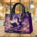 Purple dragon handbag resting on wooden cafe table under warm ambient light.