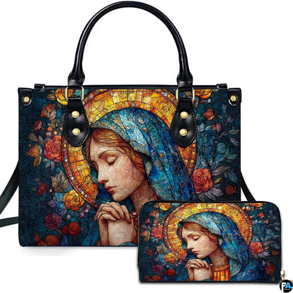 Front view of turquoise veil madonna handbag with companion continental wallet on white studio background.