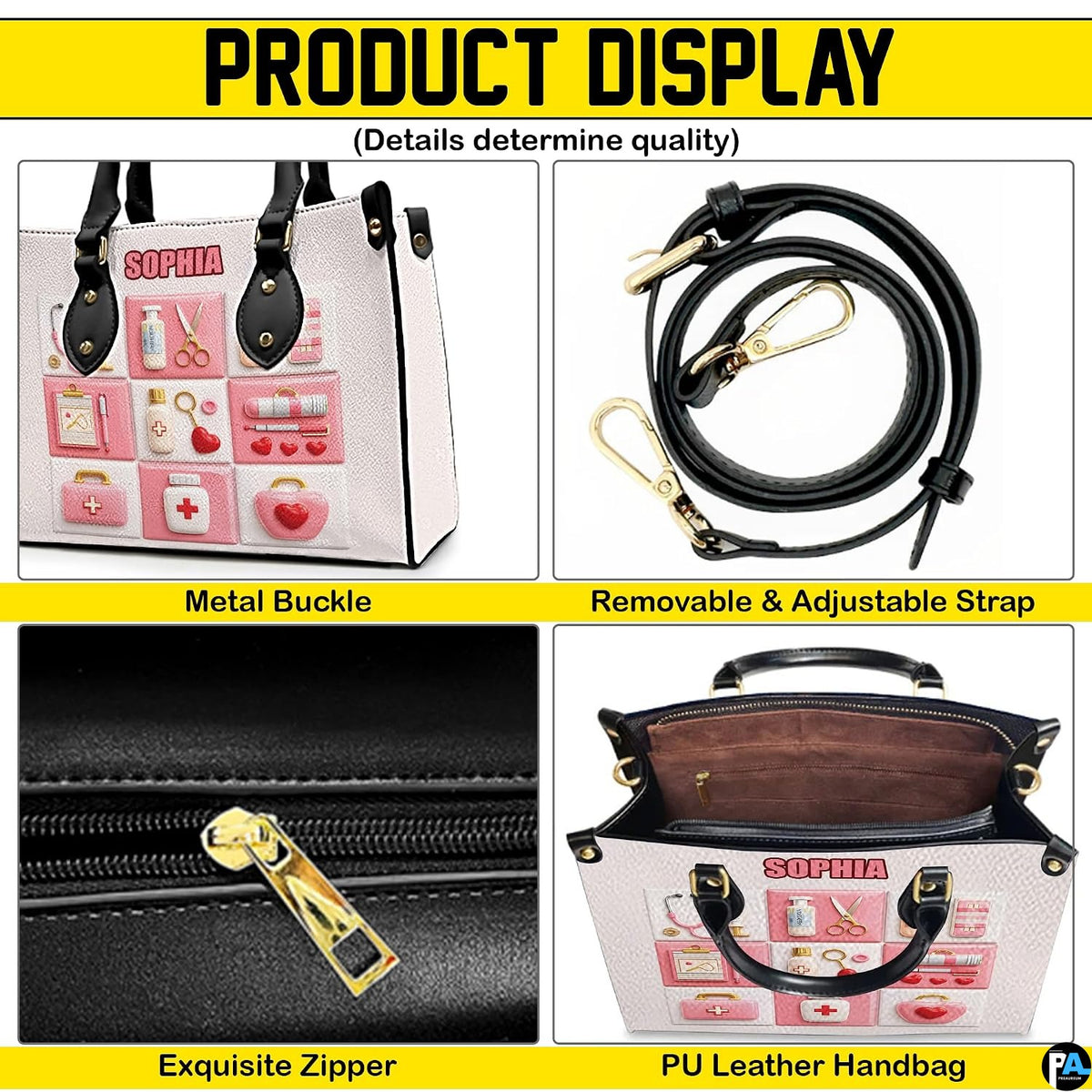 Lifestyle scale display presenting the relative proportions of the pink medical handbag when carried.