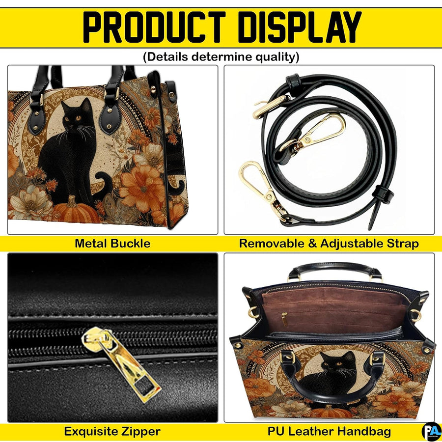 Four-panel layout presenting close-up visual accents of the black cat pumpkin art design.
