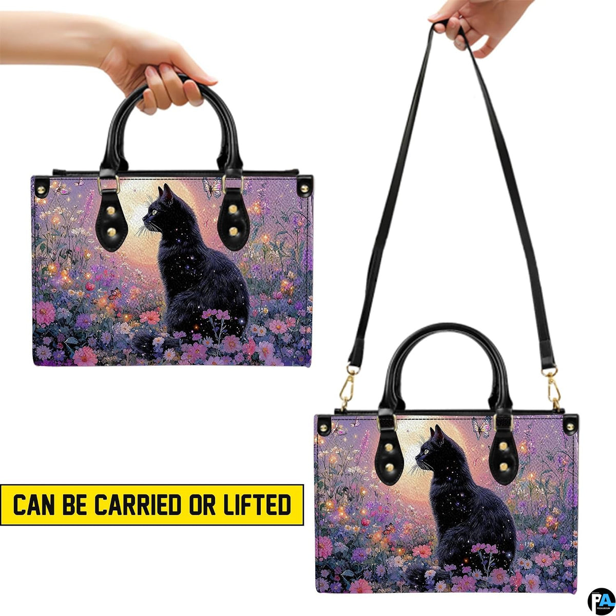 Presentation graphic illustrating dual elevated holding methods for the feline artwork.